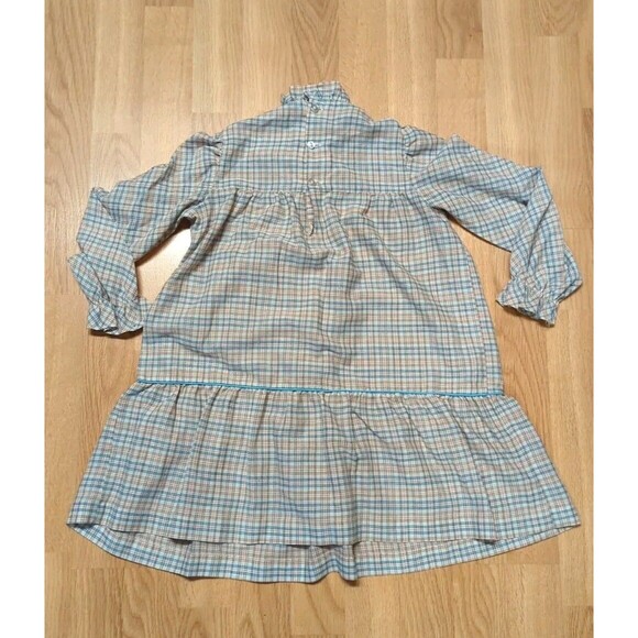 Polly Flinders Dress Girls 6 Tan Blue Plaid Hand Smocked Long Sleeve Vintage - Picture 5 of 9